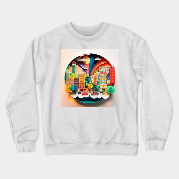 3D Effect Papercut Art - Cityscape Scene Crewneck Sweatshirt by TheArtfulAI